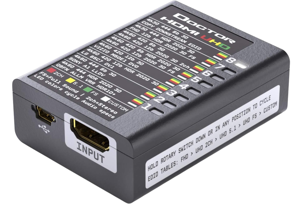 Dr.HDMI 4K with the rotary switch instructions printed on the front edge